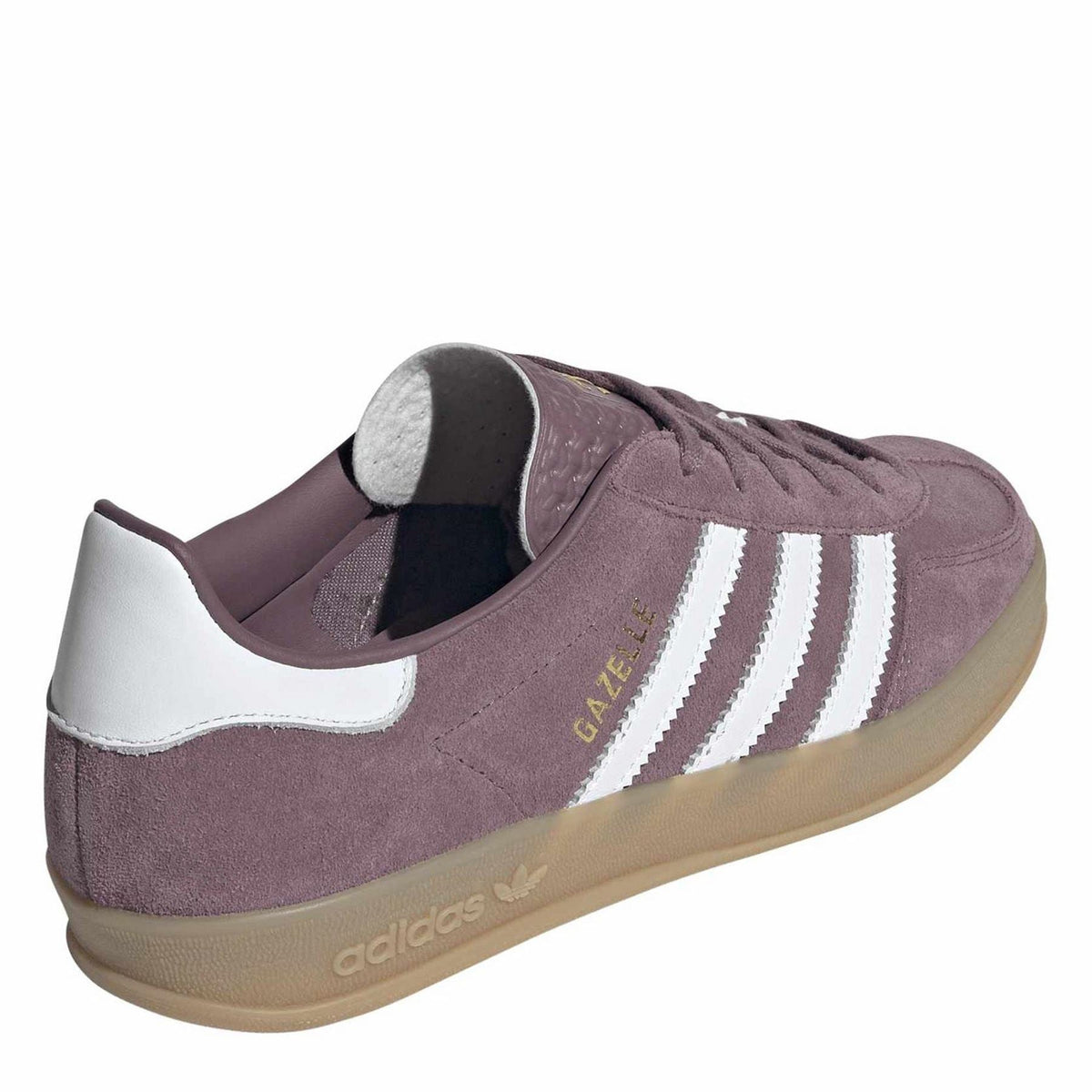 adidas Gazelle Indoor trainers with mauve suede, white heel tab, and gum outsole
