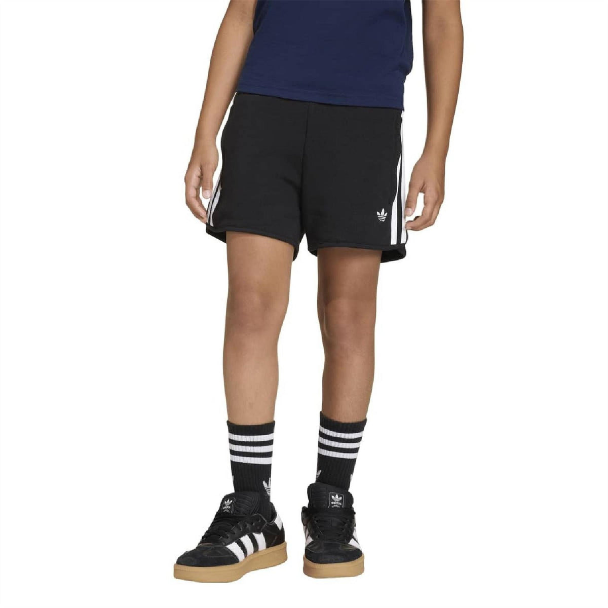Black shorts with three white side stripes and small logo on left leg