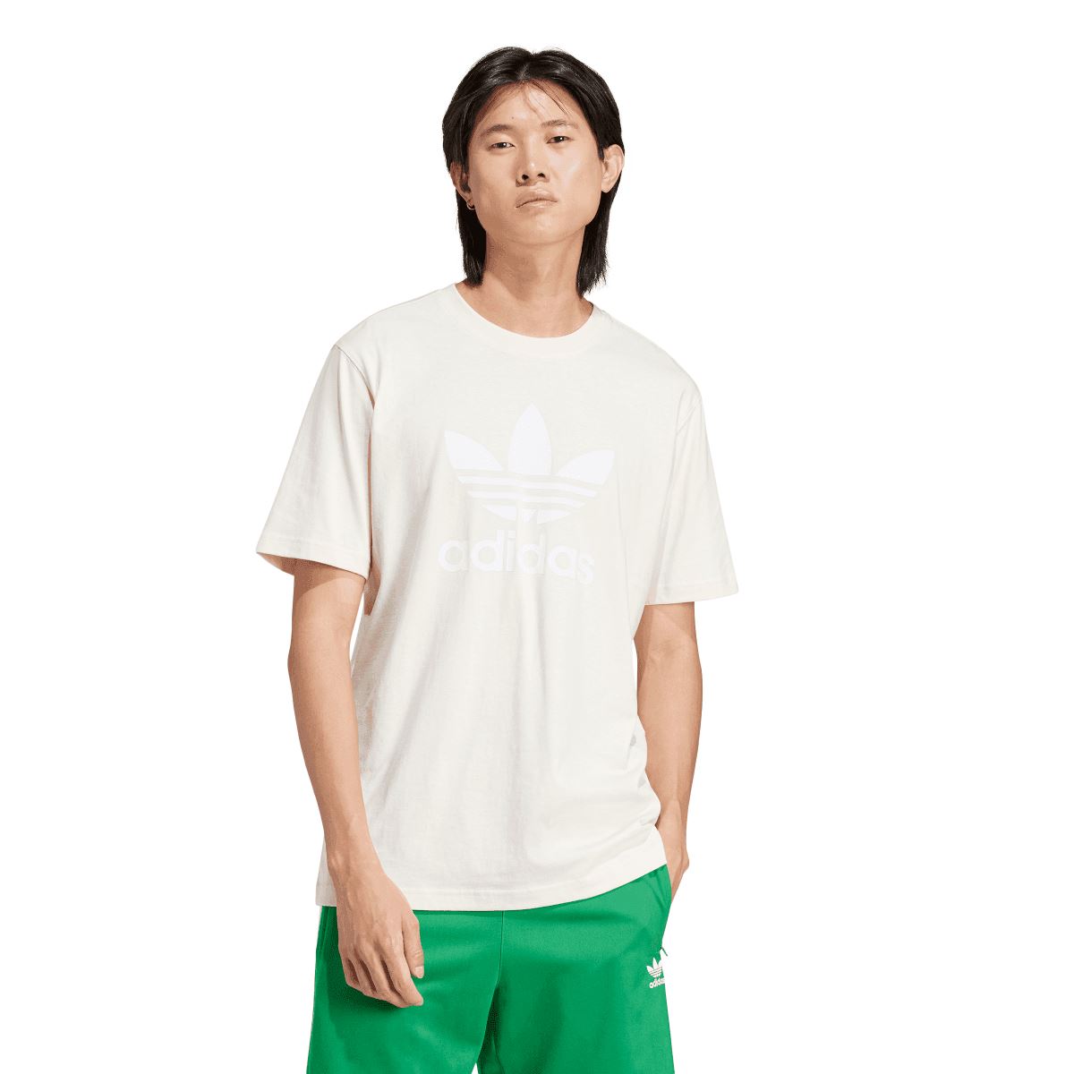 White crewneck T-shirt with adidas Trefoil graphic on the chest