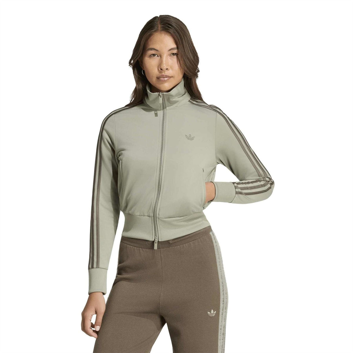 Sage zip-up track jacket top with stand collar, three stripe sleeve trim, and trefoil logo