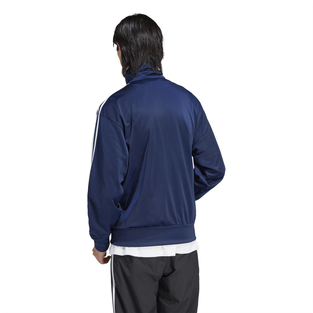 Men's indigo adidas track jacket back view with ribbed hem and collar