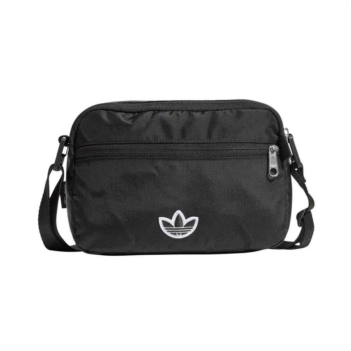 adidas Originals Essentials small Airliner bag for women, black nylon with adjustable shoulder strap and front zip pocket