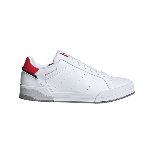 White adidas Originals court trainers with red heel stripe and perforated toe panels