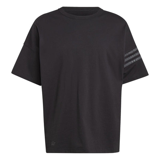 Black crew-neck T-shirt with ribbed collar and short sleeves