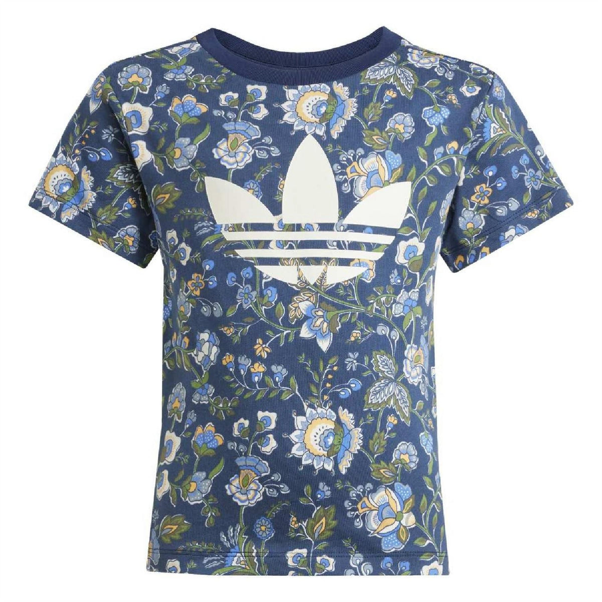 adidas crew neck T-shirt in navy with floral print and white trefoil graphic