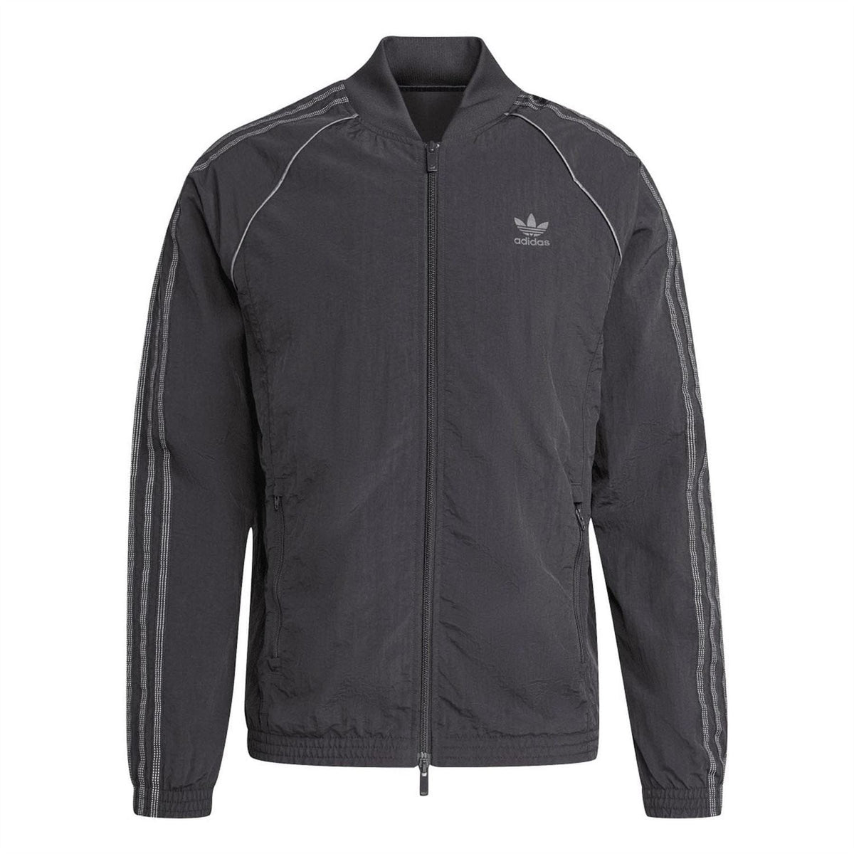 Black track jacket with full-zip front, stand collar, and adidas logo on chest