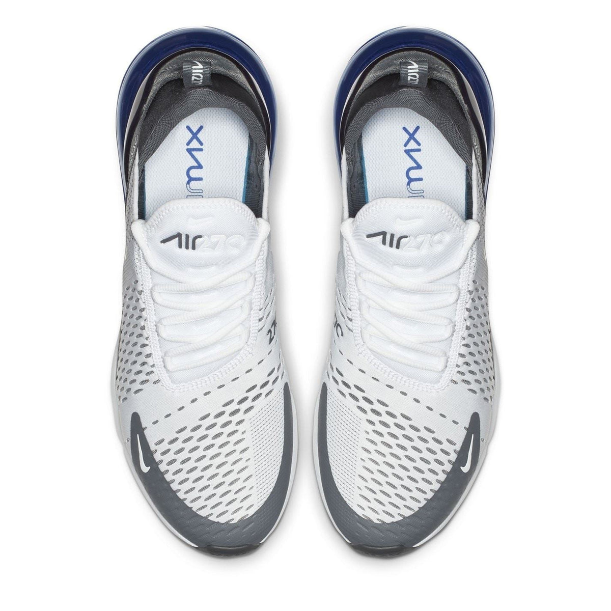 White Air Max 270 trainers with blue laces and air-texture midsole