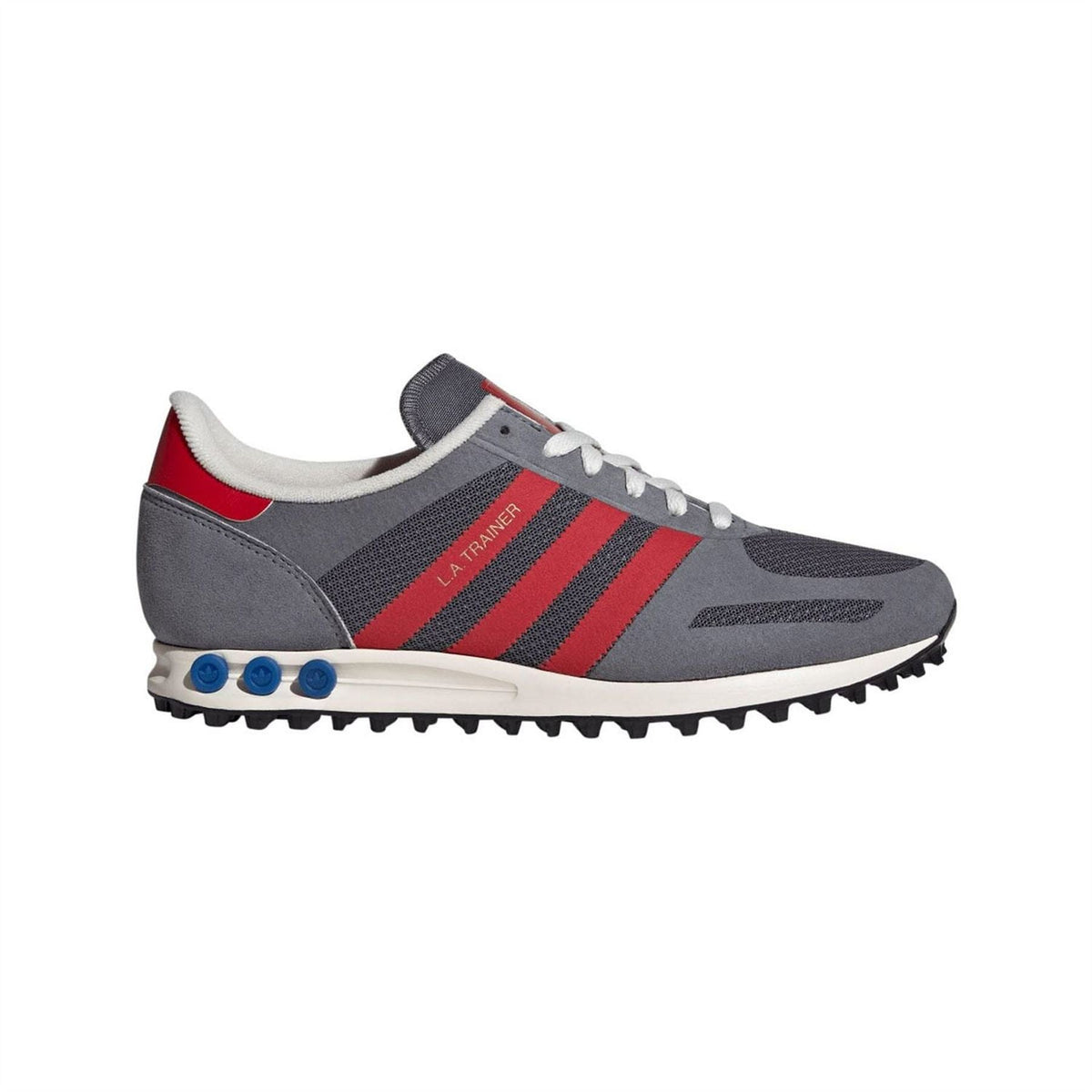 Grey and red adidas trainers with white laces and treaded rubber sole