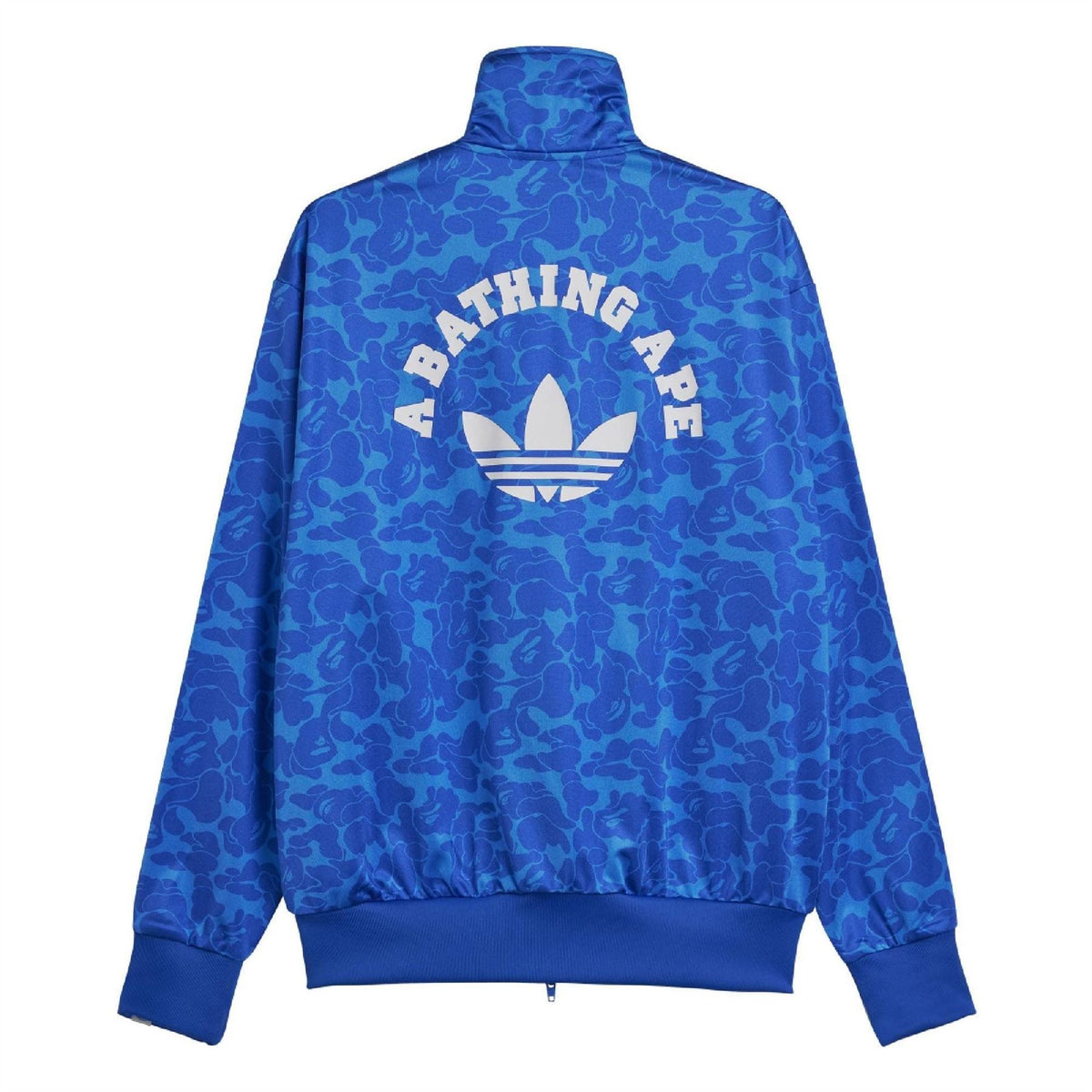 Blue patterned track top back with trefoil-style logo and high neck full zip