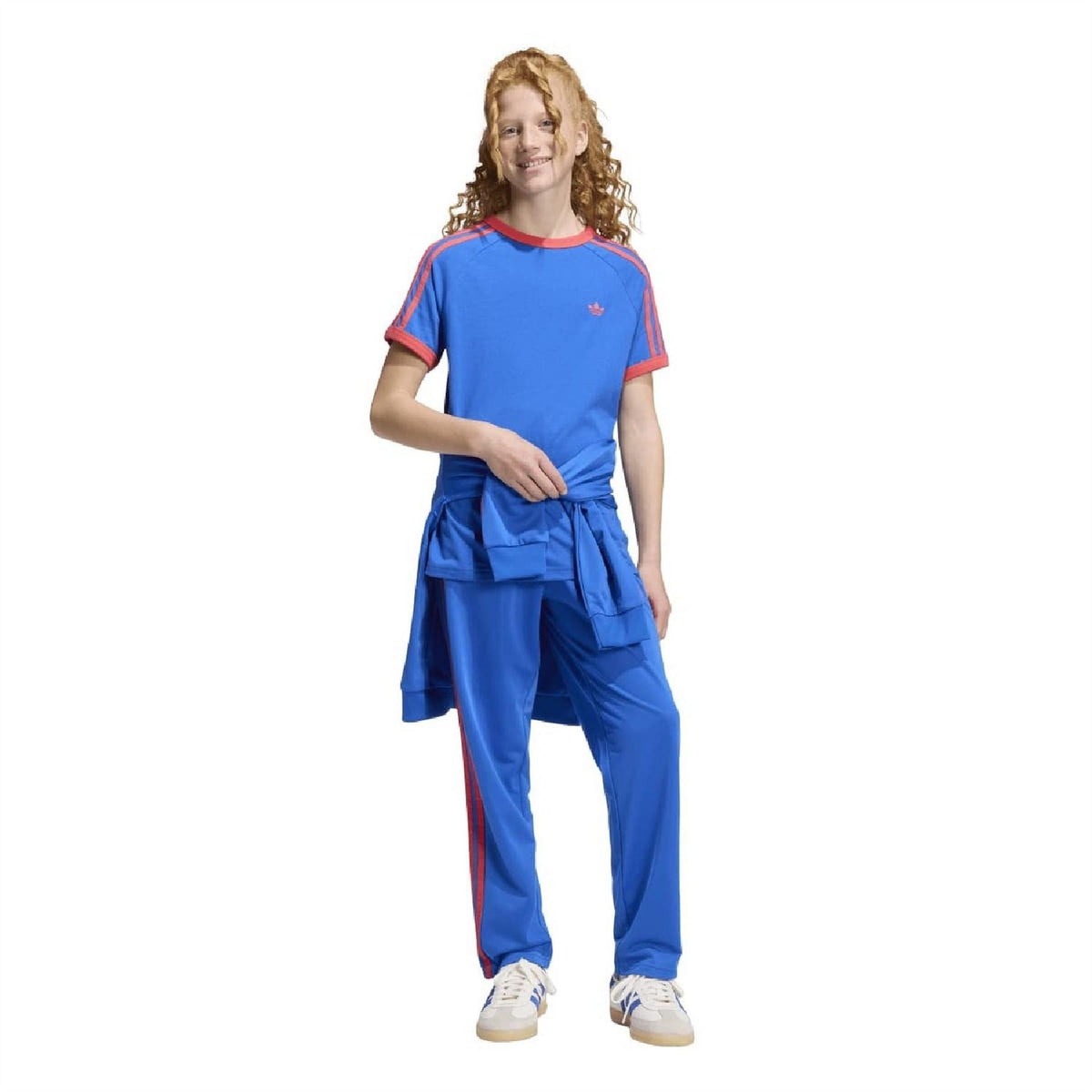Kids blue adidas Originals T-shirt with orange trim around collar and trefoil logo