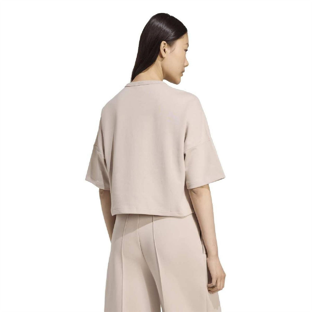 Light taupe crew-neck drop-shoulder t-shirt, back view with short sleeves