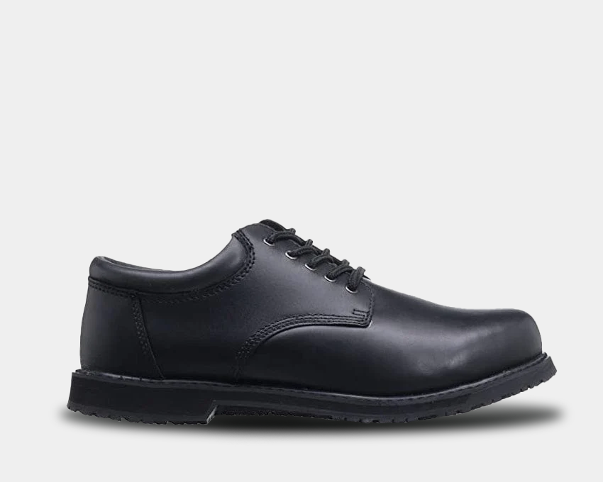 Black lace-up oxford shoes with rounded toe and thick rubber sole