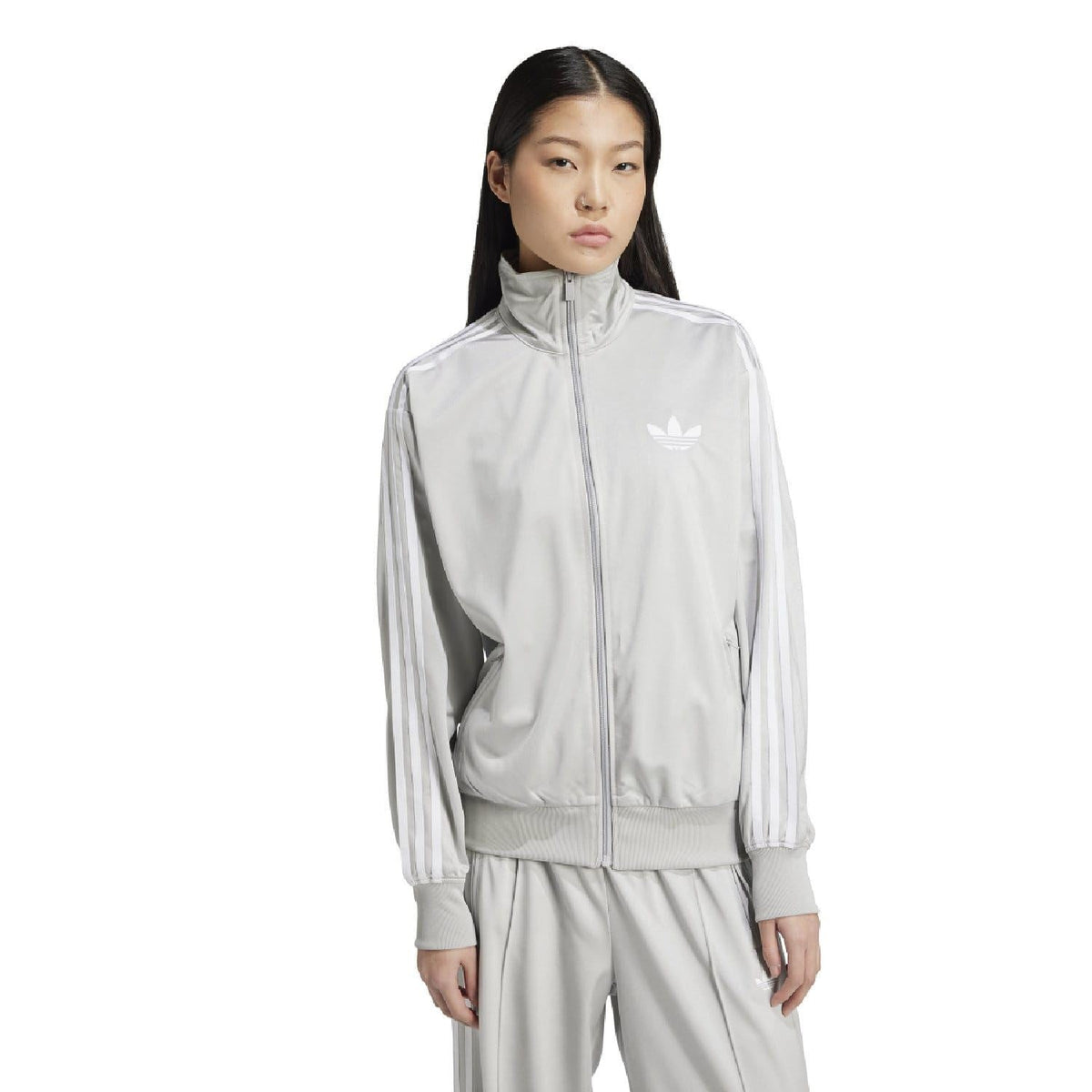 Light grey adidas Originals Firebird track jacket, full-zip stand collar