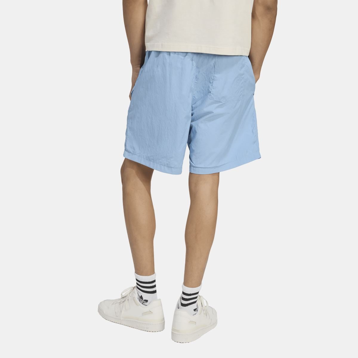 Light blue adidas Originals woven shorts from back, elastic waistband and straight hem