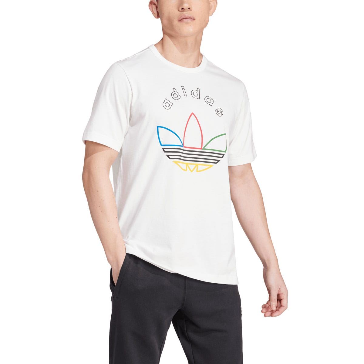 White adidas Originals graphic T-shirt with multicolor trefoil logo, short sleeves