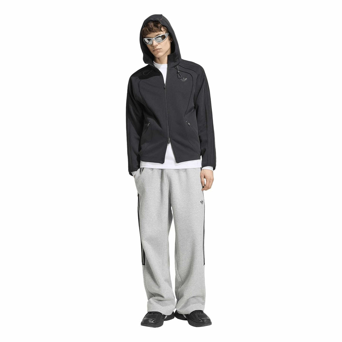 Black zip-front hoodie with adjustable hood and kangaroo pocket