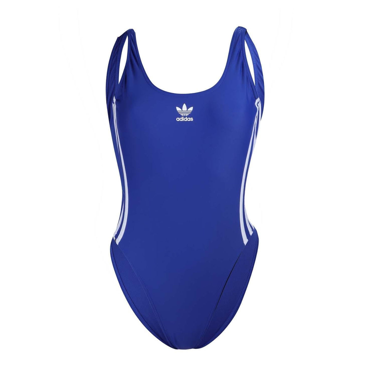adidas one-piece swimsuit, blue with white 3-Stripes on sides and logo at chest