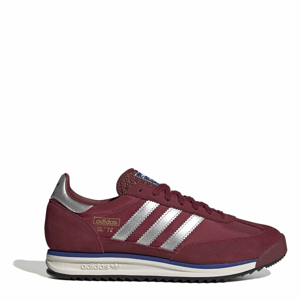 Burgundy low-top sneakers with white adidas stripes and blue outsole trim.