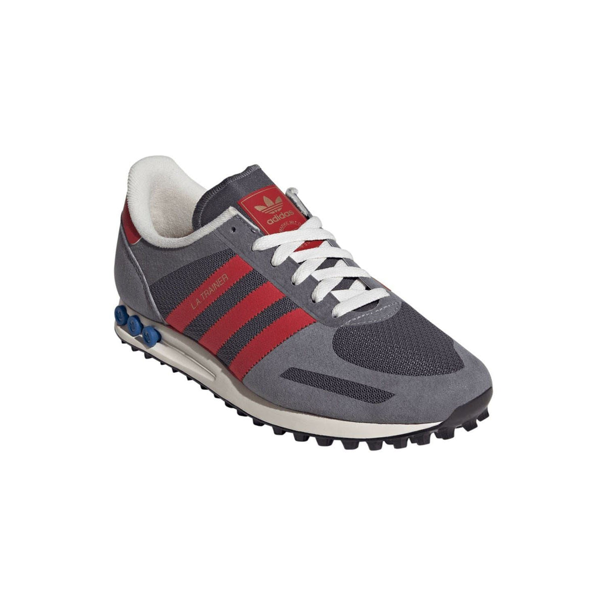 adidas Originals LA Trainers grey low-top with red stripes, white laces, red adidas label