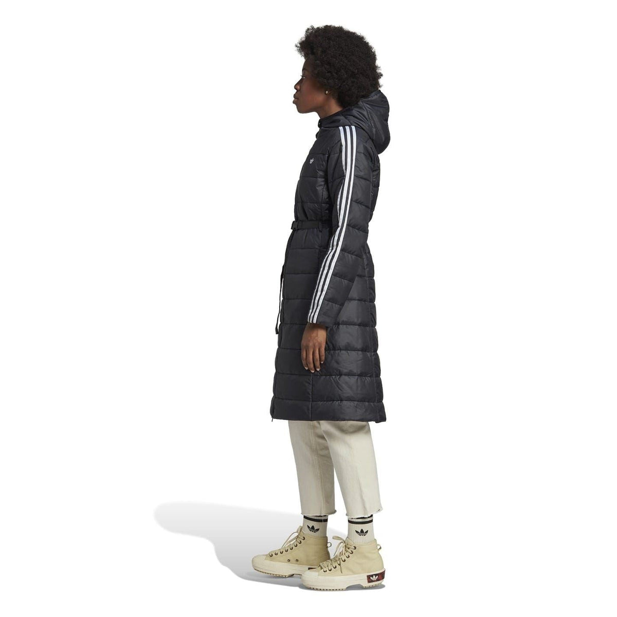 Black long hooded puffer jacket with white 3-stripe sleeve detail and front zip.