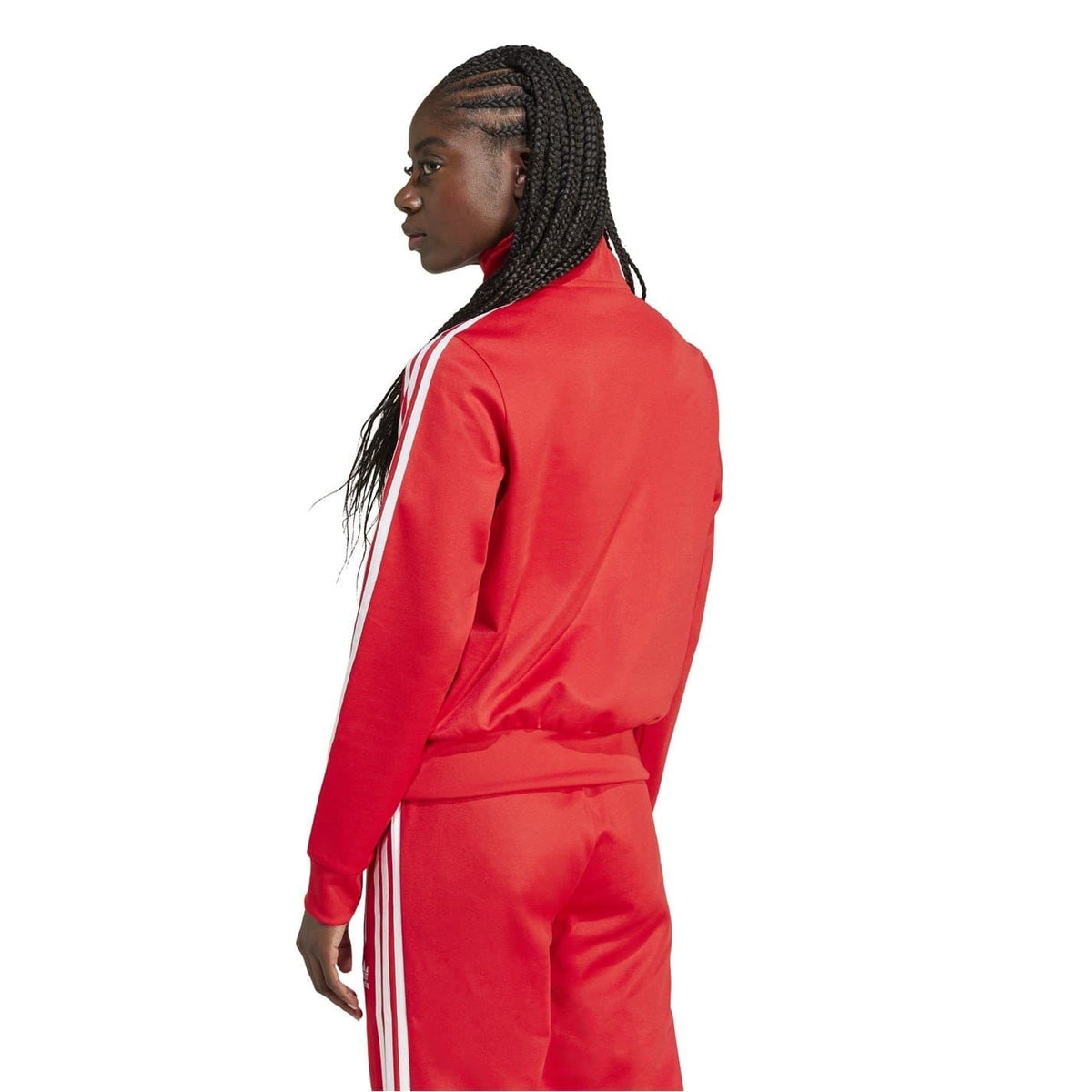 College red zip-neck athletic top with long sleeves, white adidas stripes and front zipper.