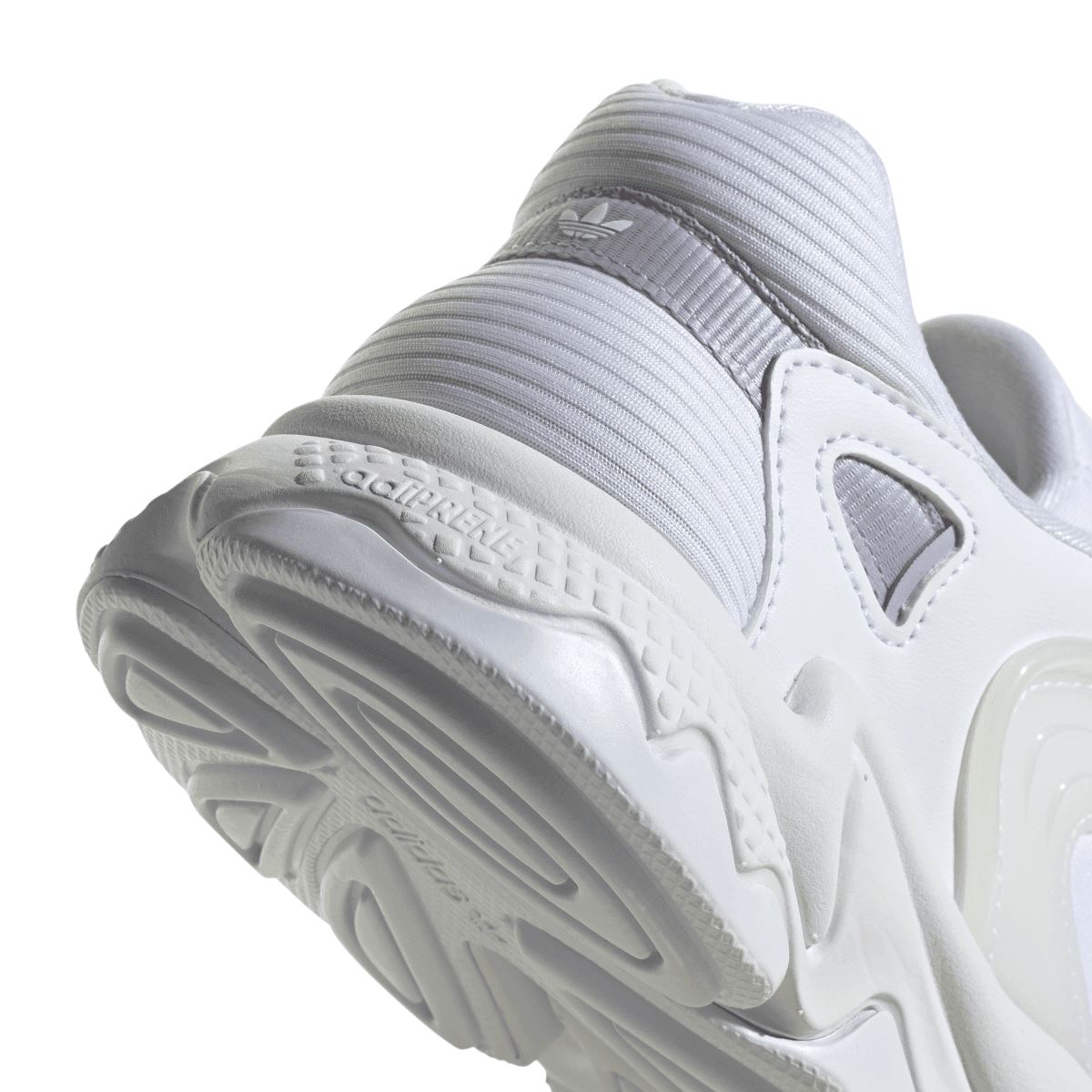 Close-up of white adidas Originals Oztral heel and midsole with textured outsole pattern