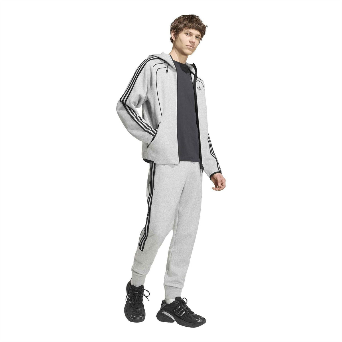 Grey heather adidas Originals zip-up hoodie worn with matching joggers and sneakers