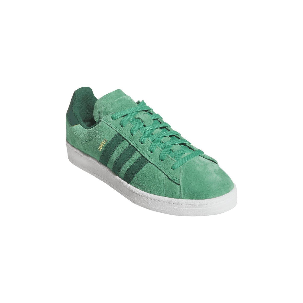 Green low-top suede trainers with lace-up front and three stripe detail