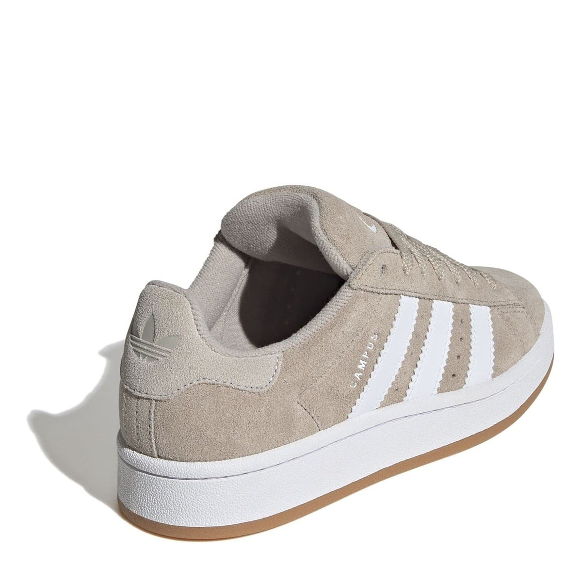 Beige low-top sneakers rear view with cushioned collar and white rubber sole