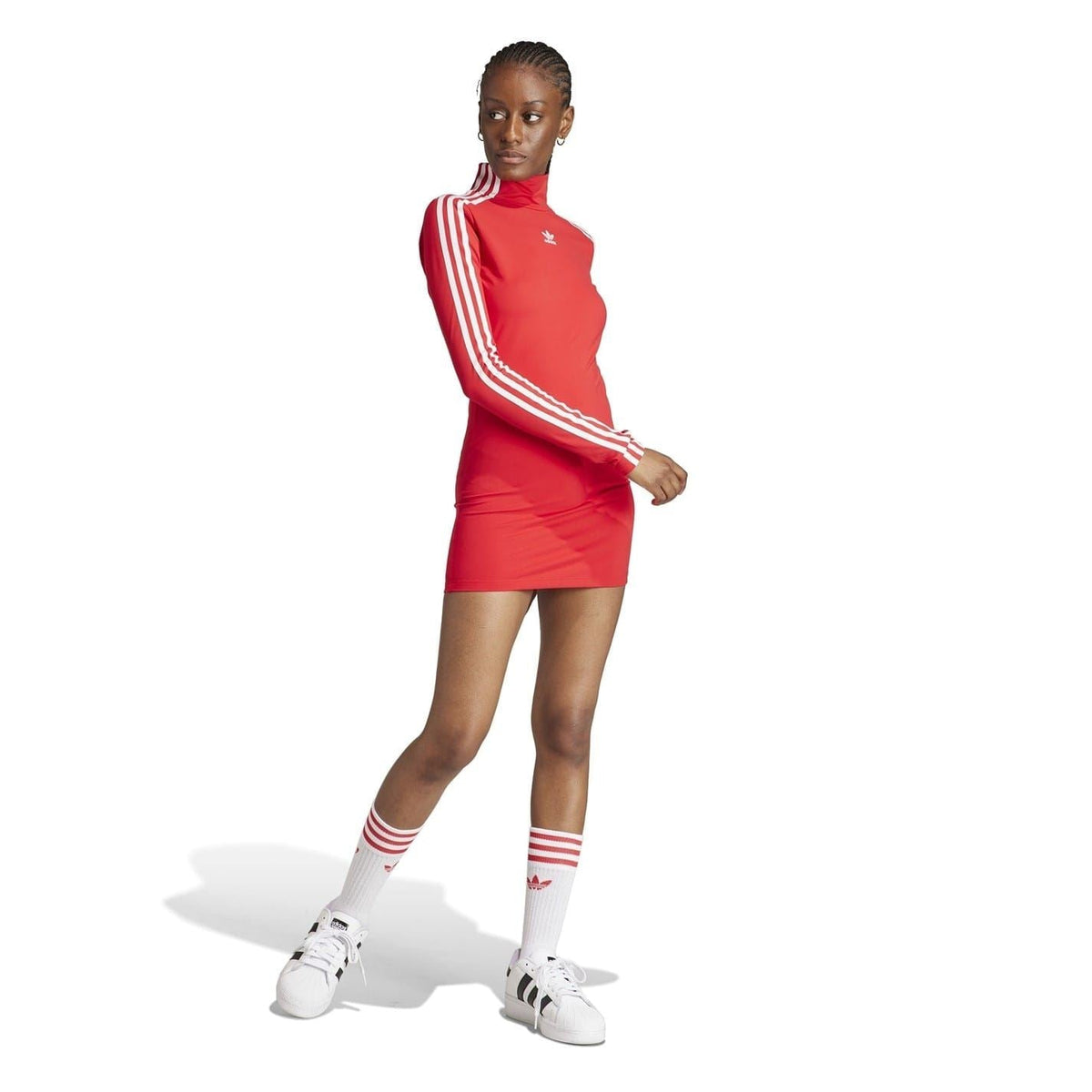 Red fitted mini dress with mock neck and white 3-stripe sleeves, side-striped seam