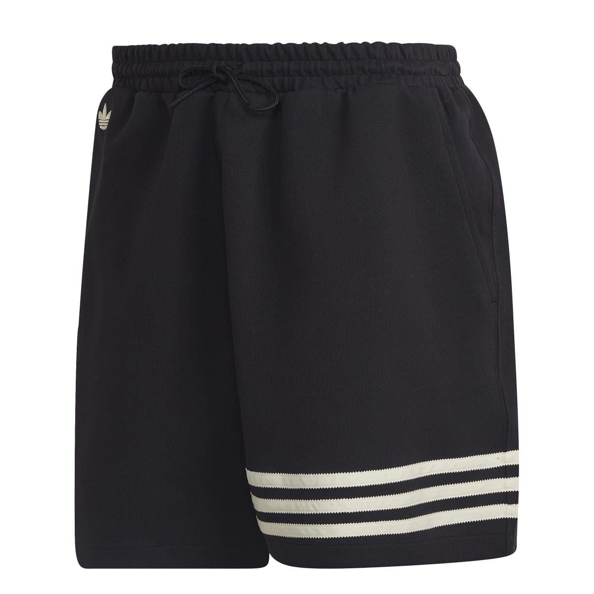 Black shorts with elastic waistband, drawstring, and three striped band at hem