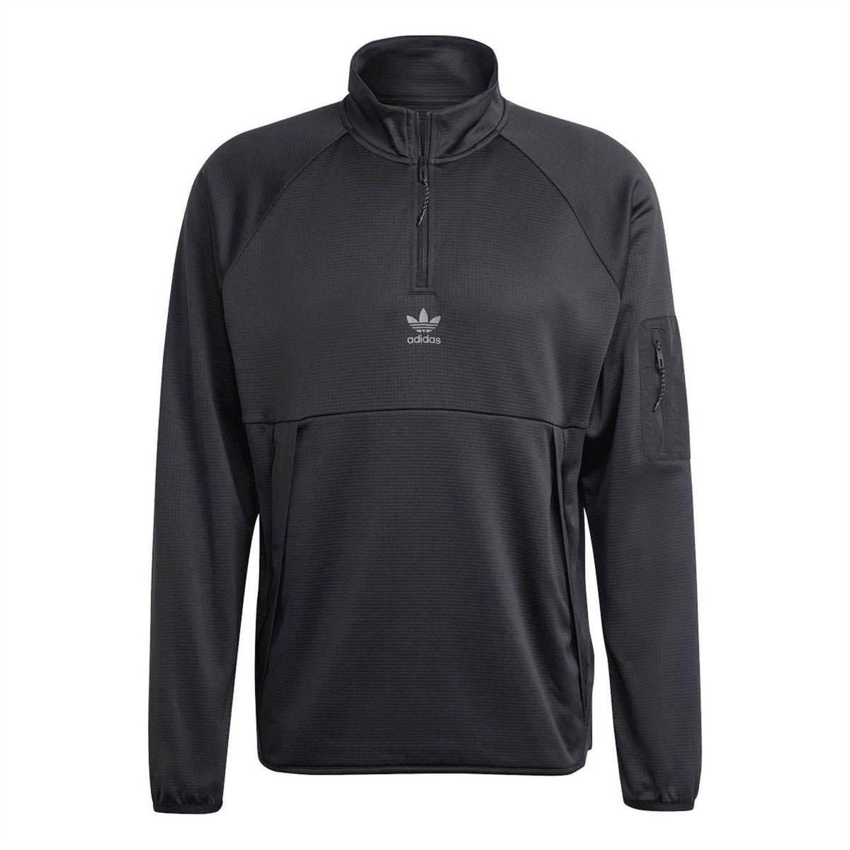adidas Originals black zip top with mock neck, chest logo, and long sleeves