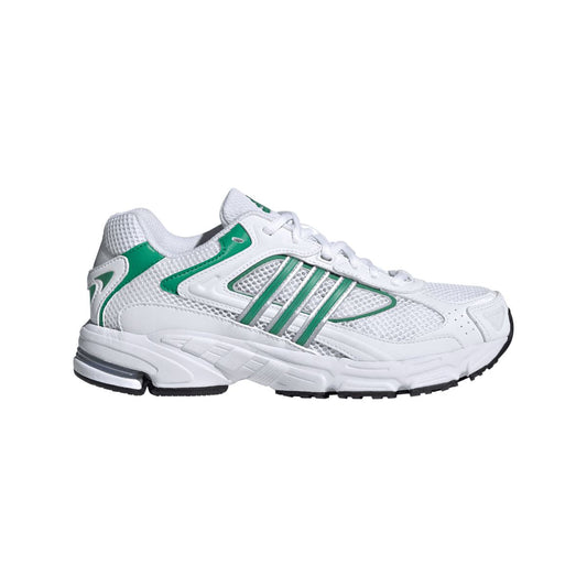 White low-top lace-up trainers with green stripes and cushioned black outsole