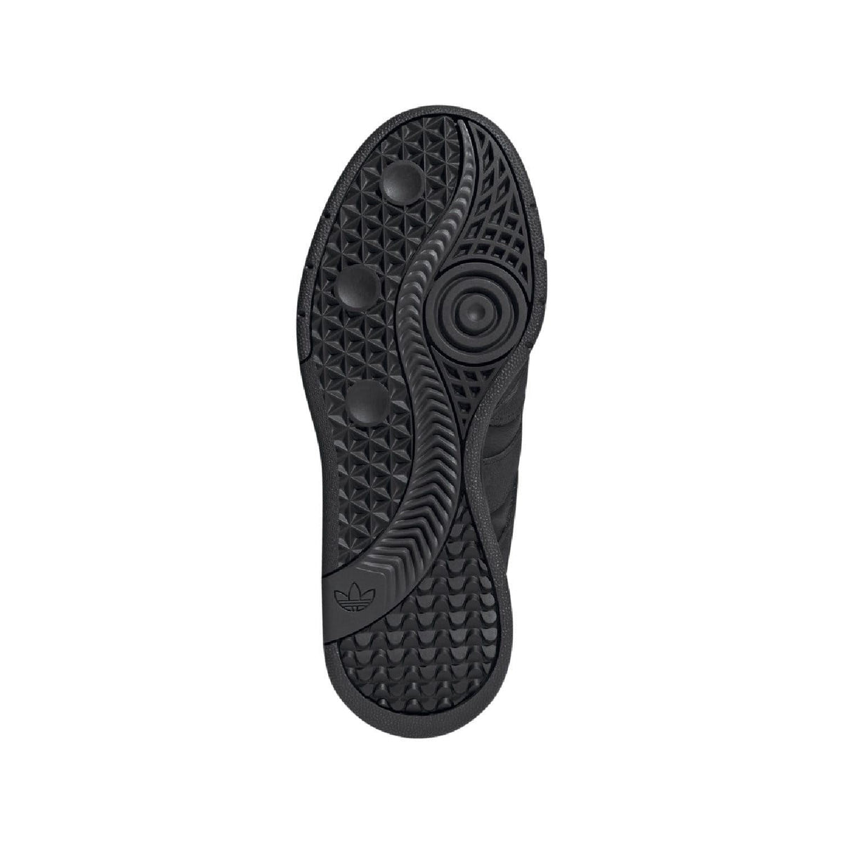 Black outsole with textured traction pattern and round central grip