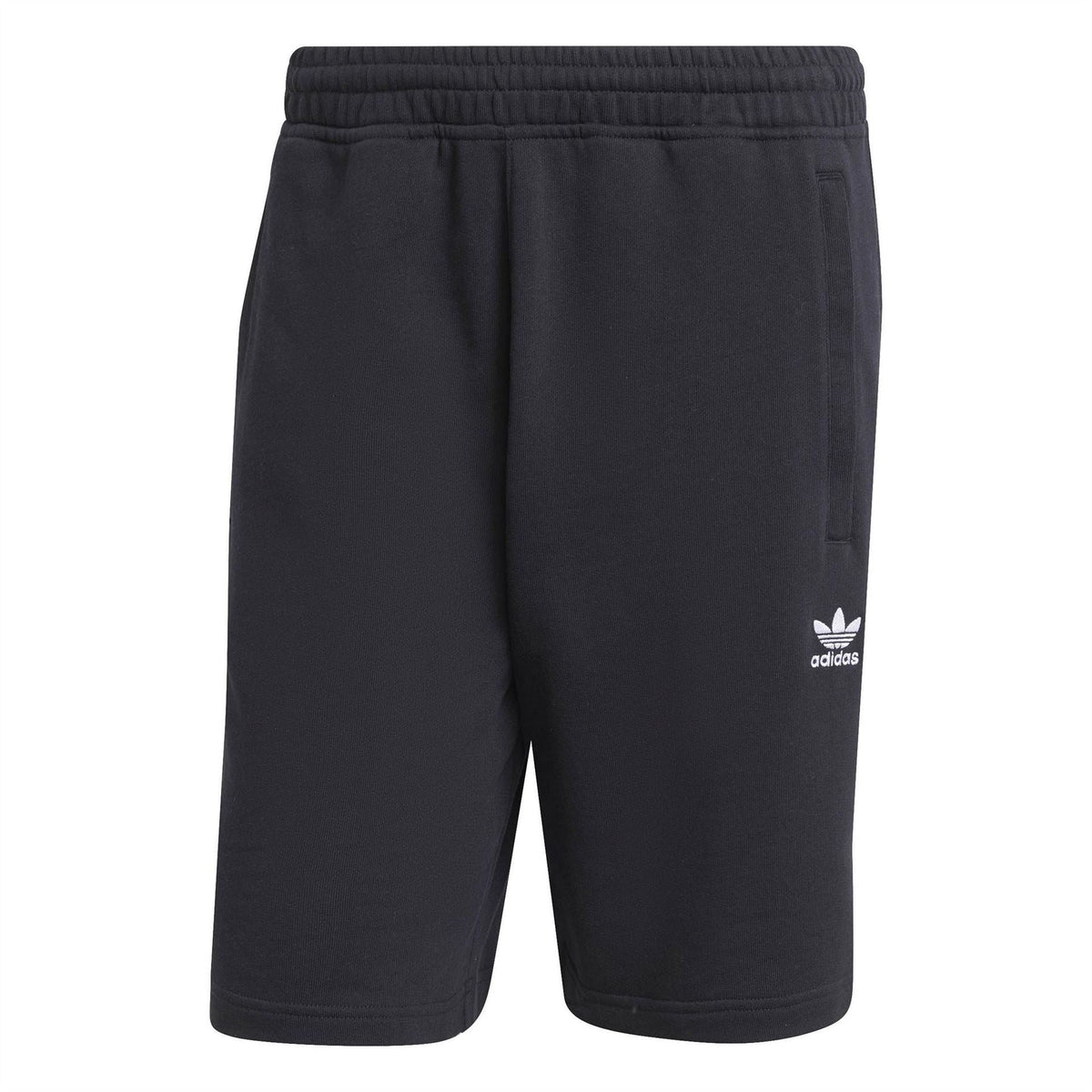 Black sweat shorts with elastic waistband and adidas logo at right thigh