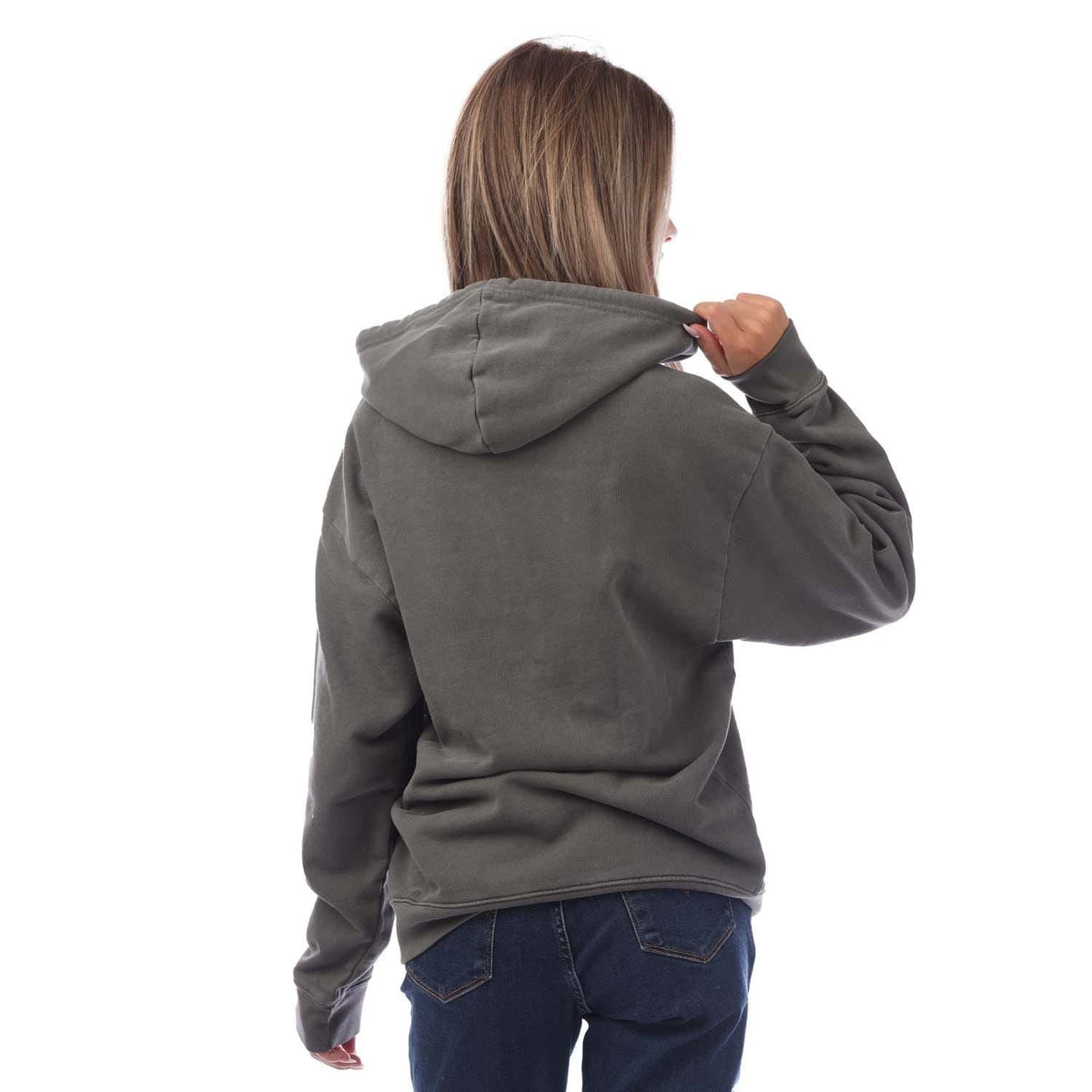 Dark gray oversized adidas pullover hoodie with hood and long sleeves, back view