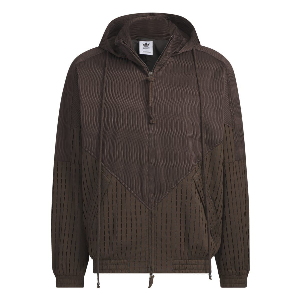 Brown zip-up hooded jacket front view with raised chevron panel and small adidas Trefoil