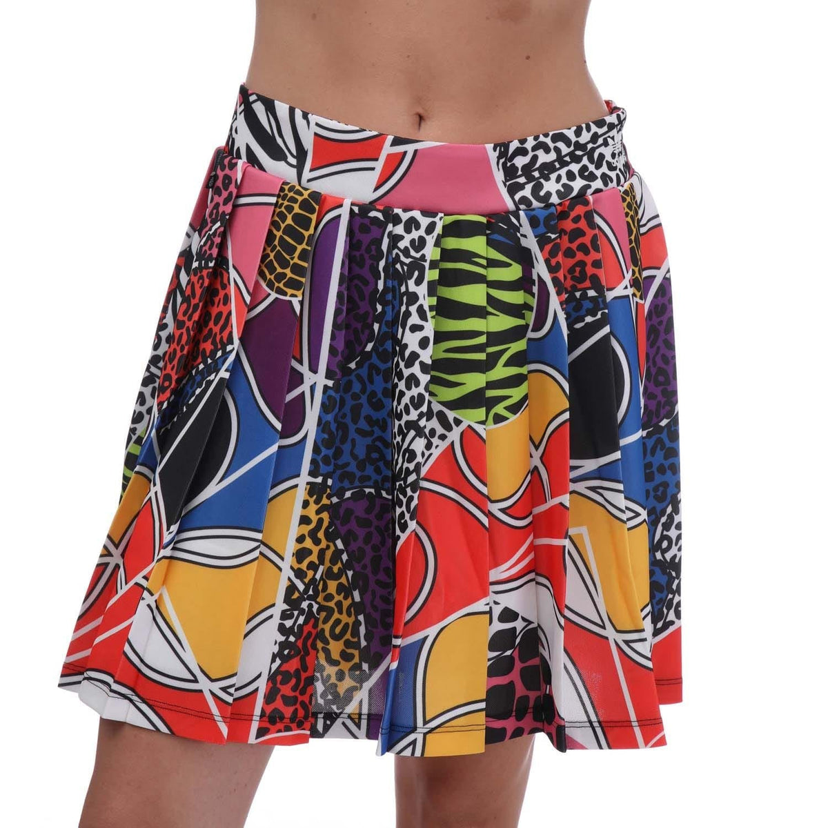 Multicolor patterned pleated skirt with pink elastic waistband, knee-length