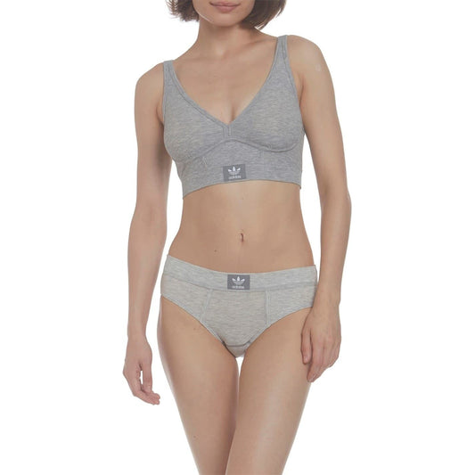 Heather grey V-neck bralette and matching briefs with adidas logo