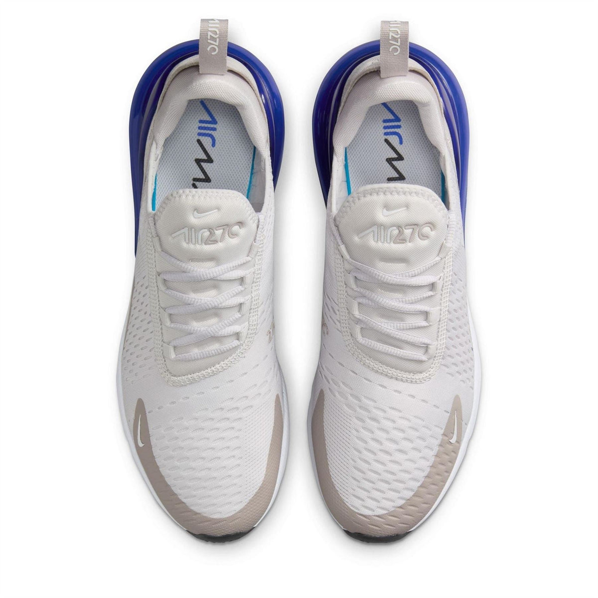 Air Max 270 sneaker in white with blue trim and white lace-up