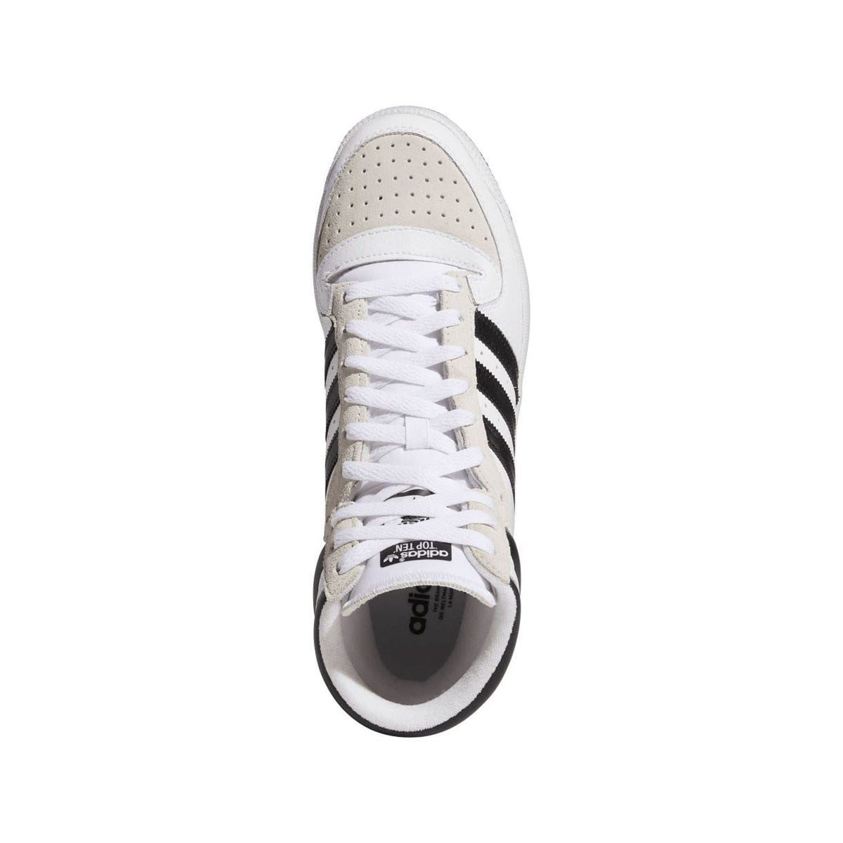 White high-top sneaker toe view with lace eyelets and black stripe detail