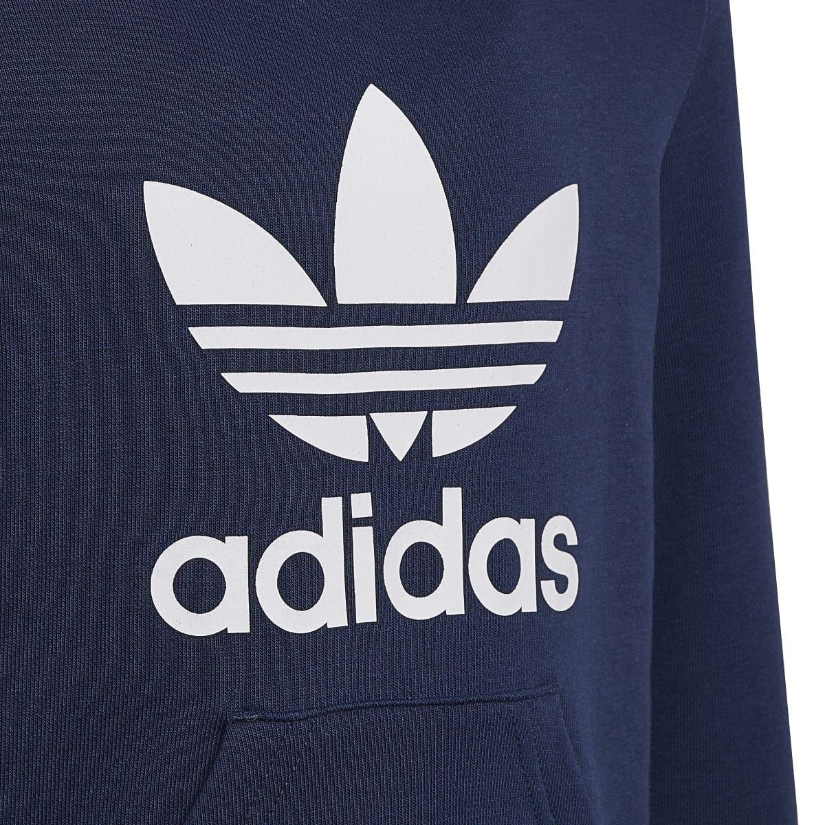 Kids navy adidas hoodie front close-up of trefoil logo and adidas text
