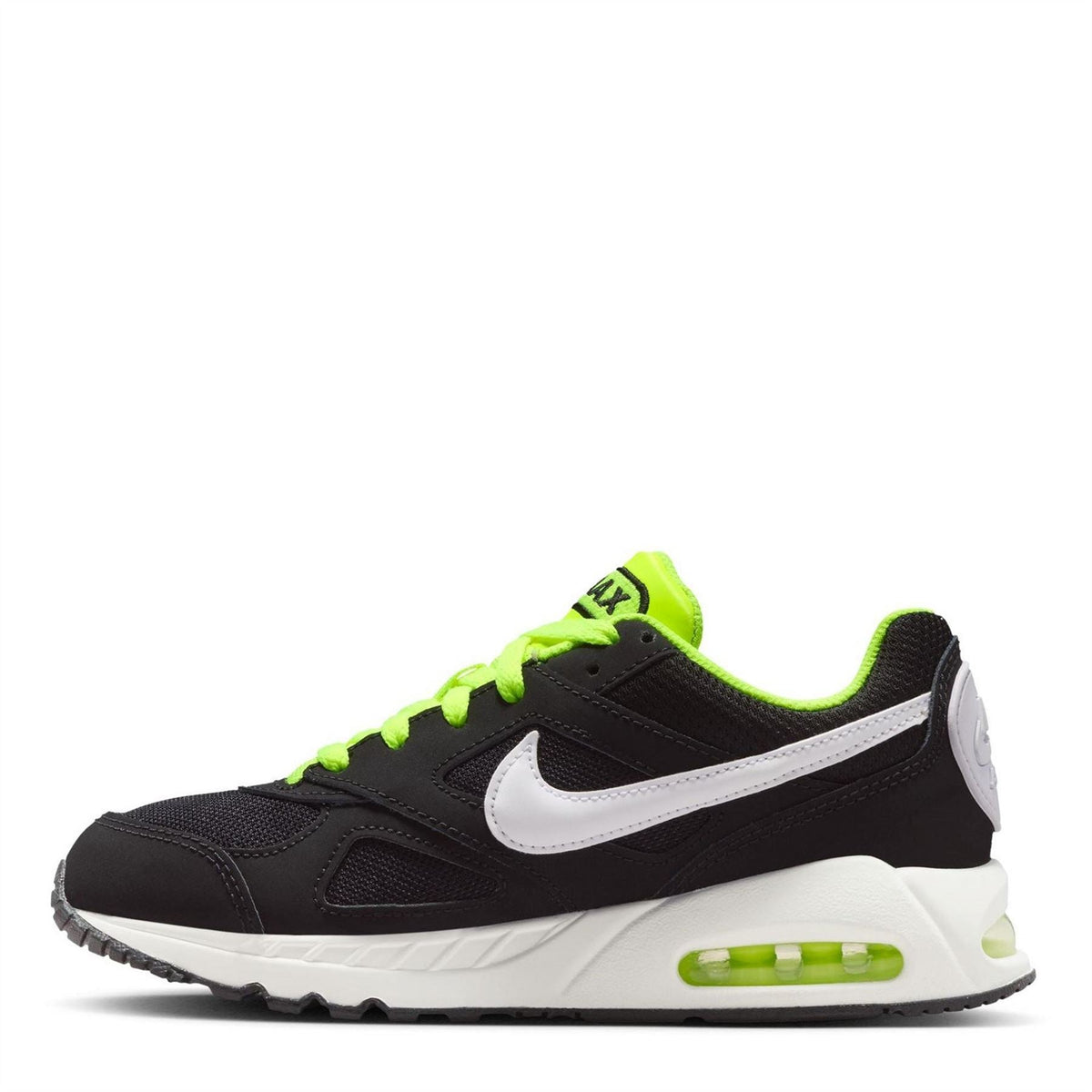 Black junior sneaker with neon green laces, white swoosh, and visible Air Max window