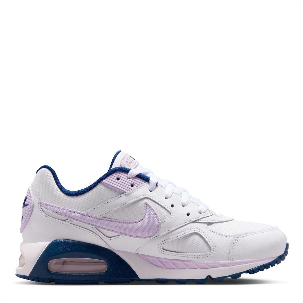 White Nike Air Max Ivo shoes with violet accents and blue outsole edge