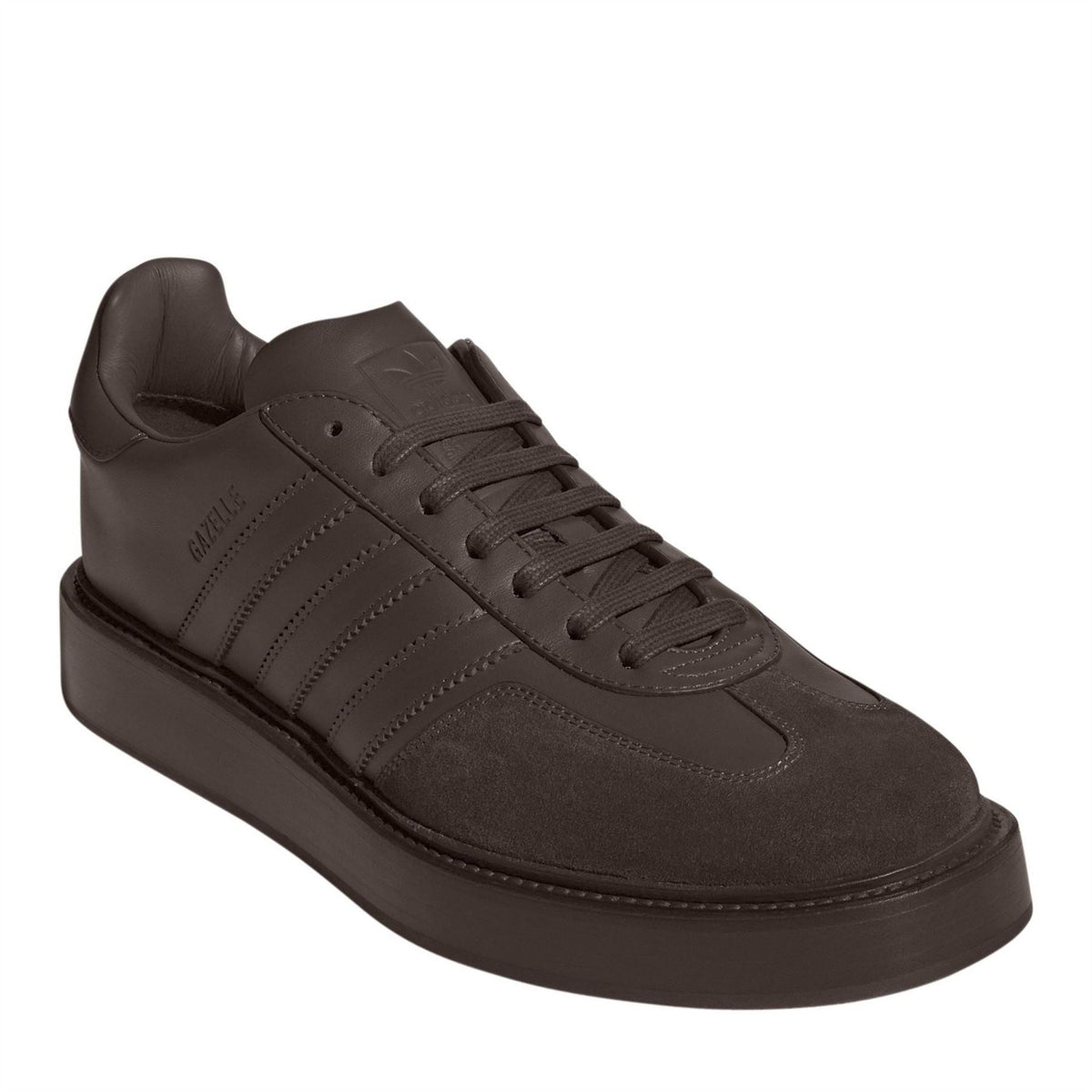 Brown lace-up sneaker, front and quarter view with perforated stripe panels