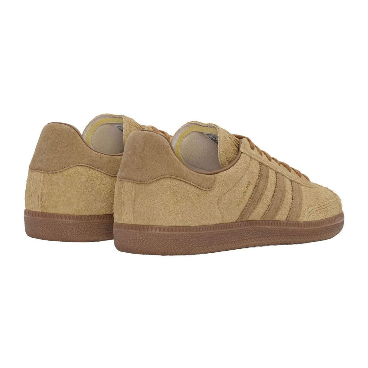 Tan adidas Samba trainers, rear side view with padded collar and gum rubber sole