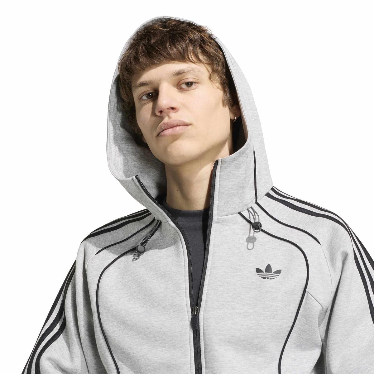 Grey heather zip-up hoodie hood close-up with adidas logo and black drawstring tips