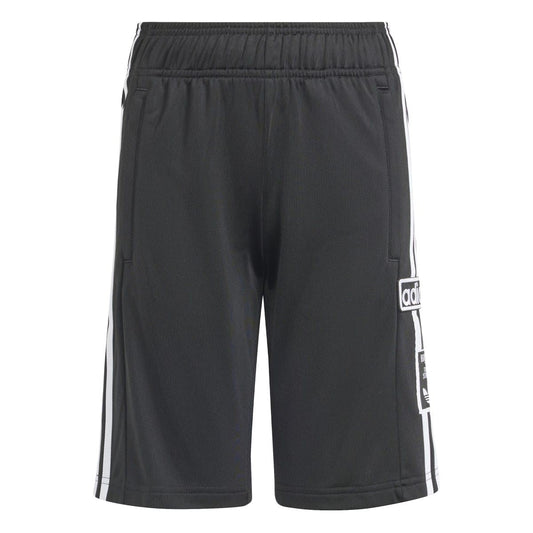 Black juniors track shorts with elastic waistband and white side stripes