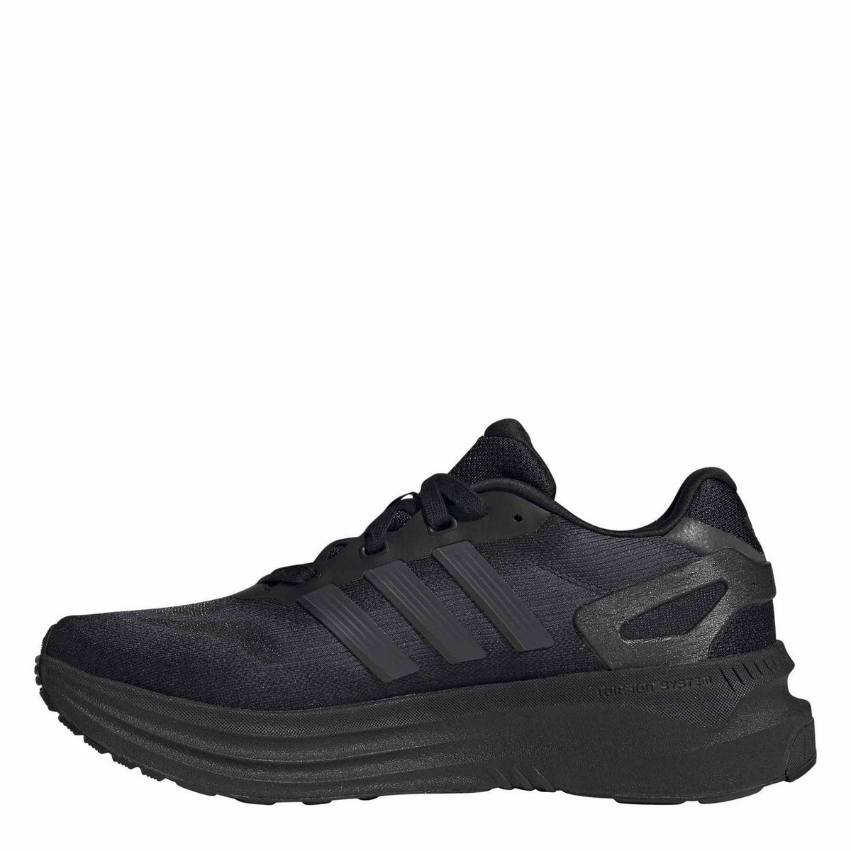 Black running shoe side view with 3 stripes, padded collar, thick cushioned sole