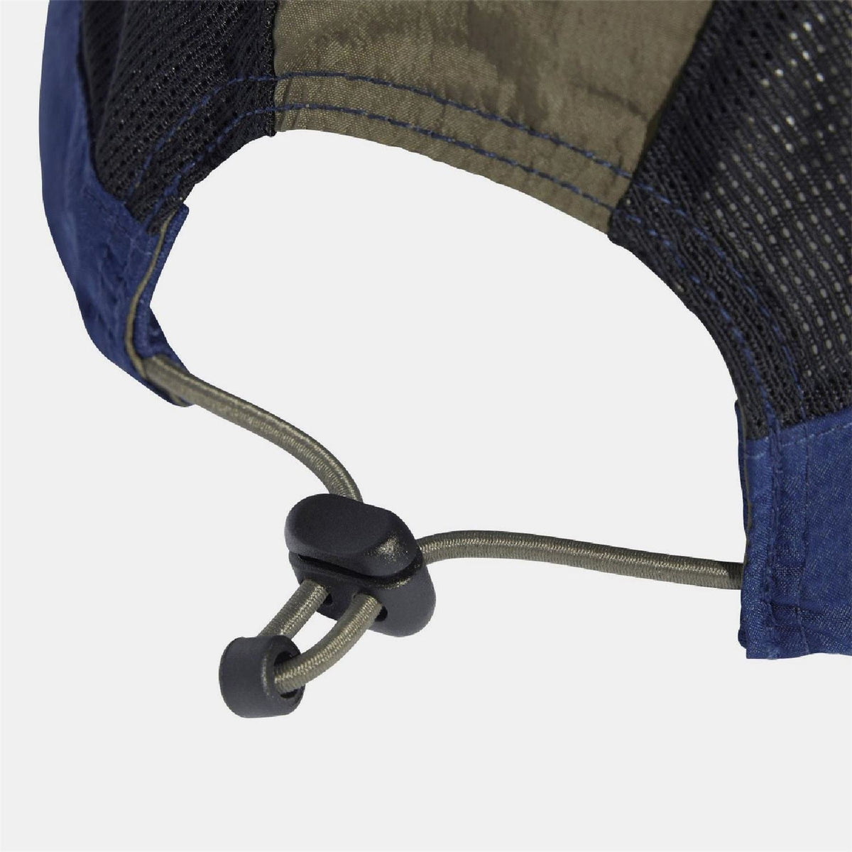 Cap with blue underside, adjustable drawcord closure, and dark mesh panels